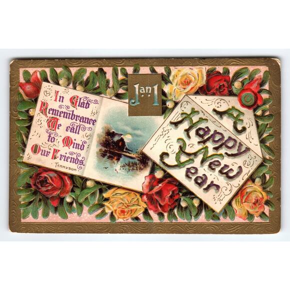Vintage Embossed New Year Postcard Jan 1 Roses & Scenic Cottage - Picture 1 of 2